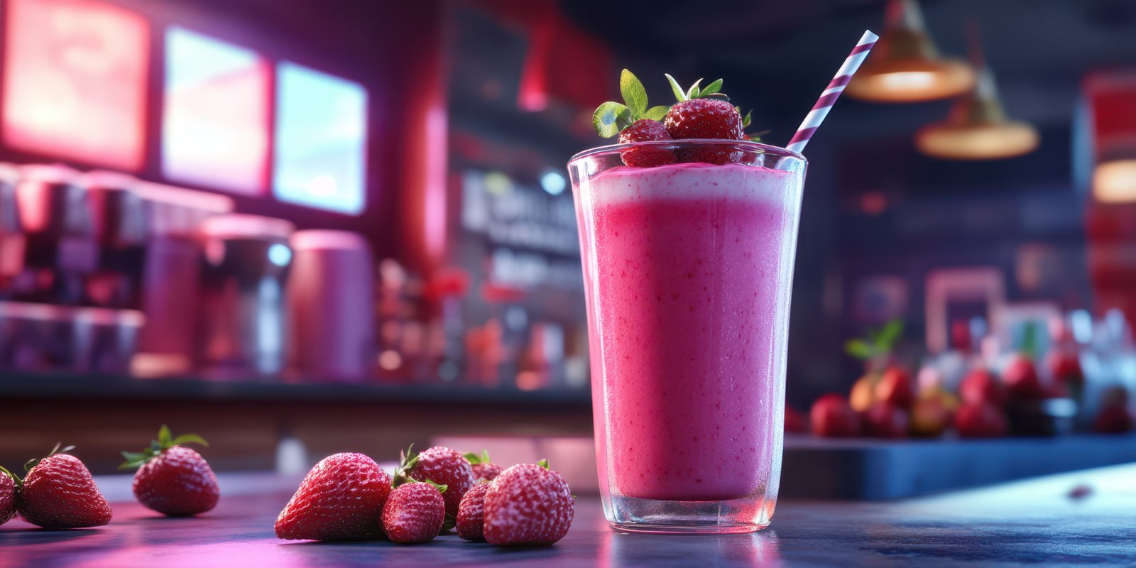 Delicious strawberry smoothie served in a tall glass with fresh berries on a bar counter